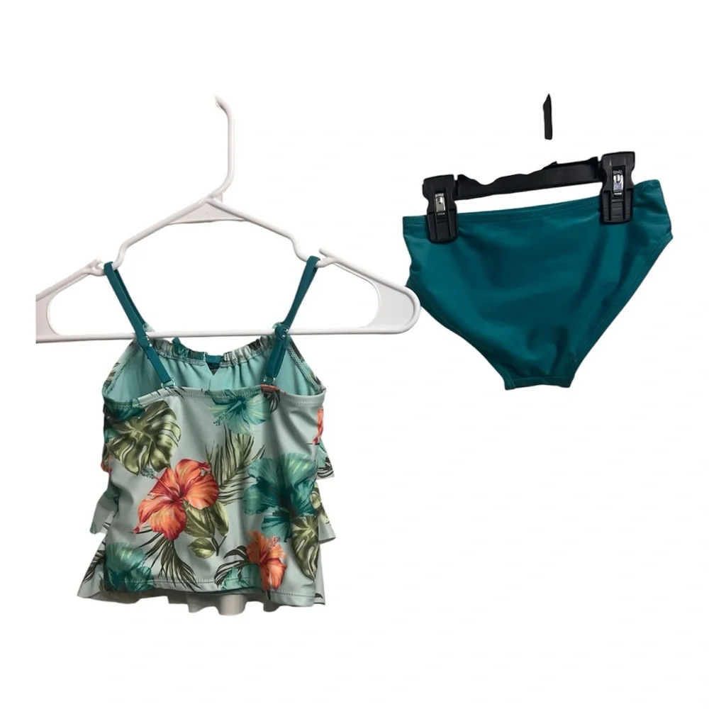 Justice Girls Teal Tropical Ruffle Tankini Swimsuit 2-Piece Small (Tag Removed)